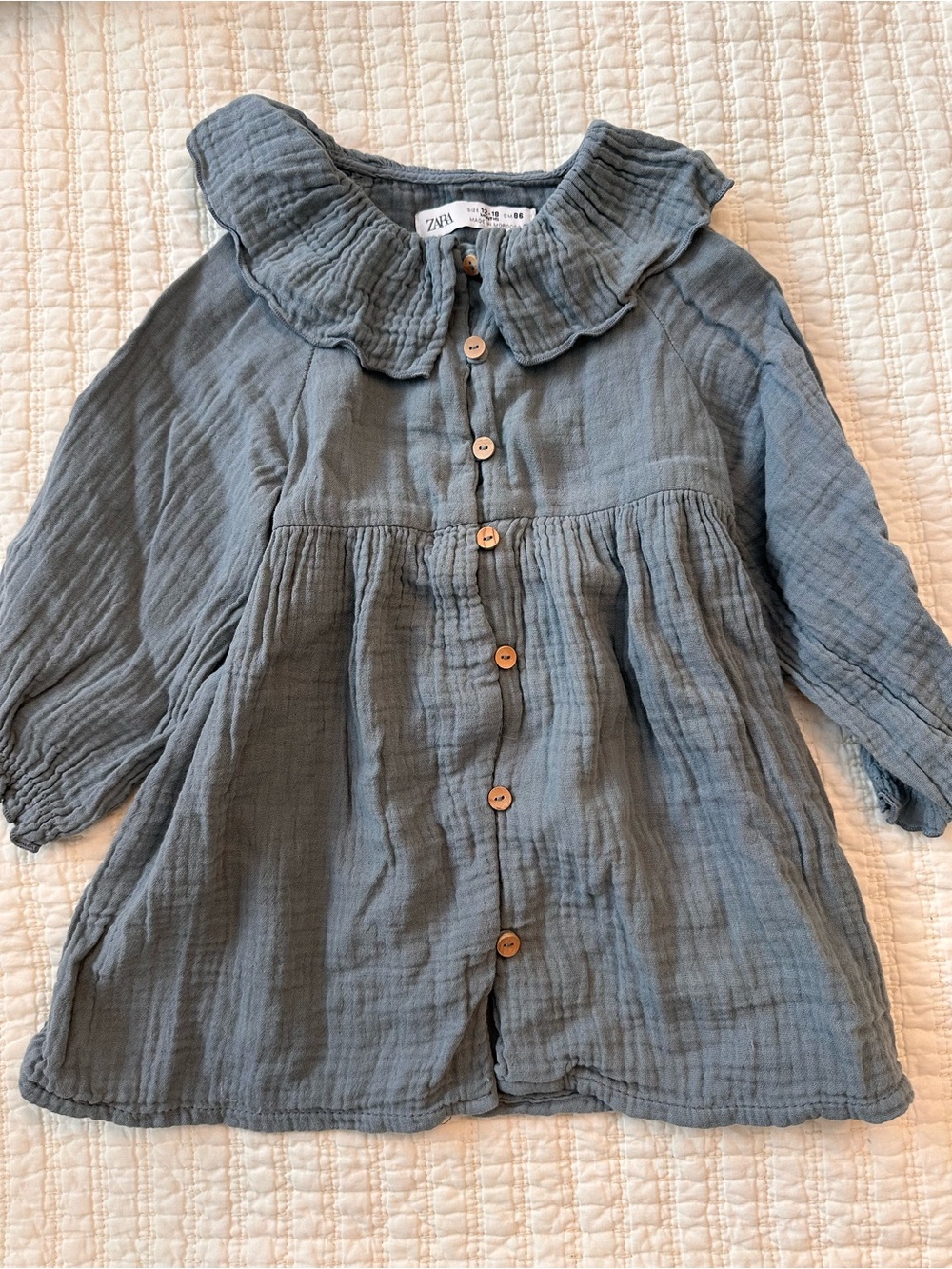 ZARA Dusty Blue Ruffle Collar Button-Front Girls Top